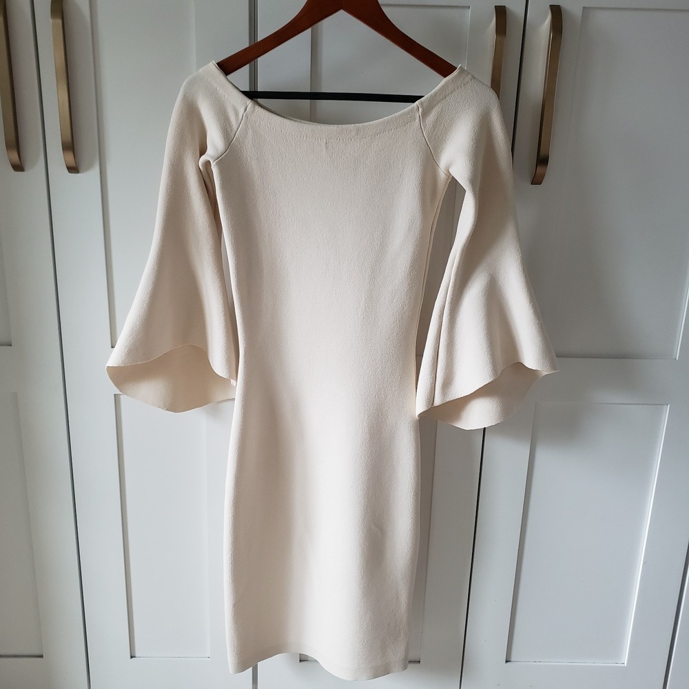 Rachel Roy Dress Womens S Cream Knit Bodycon Minimalist Flare Sleeves Slip